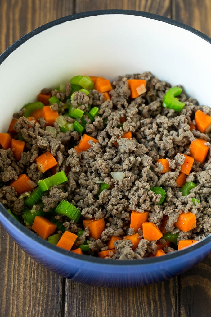 Alphabet Soup Recipe | Hamburger Soup | Beef and Vegetable Soup #soup #hamburger #noodles #dinner #jonep #carrots Ground beef, carrots, onion and celery in a soup pot.