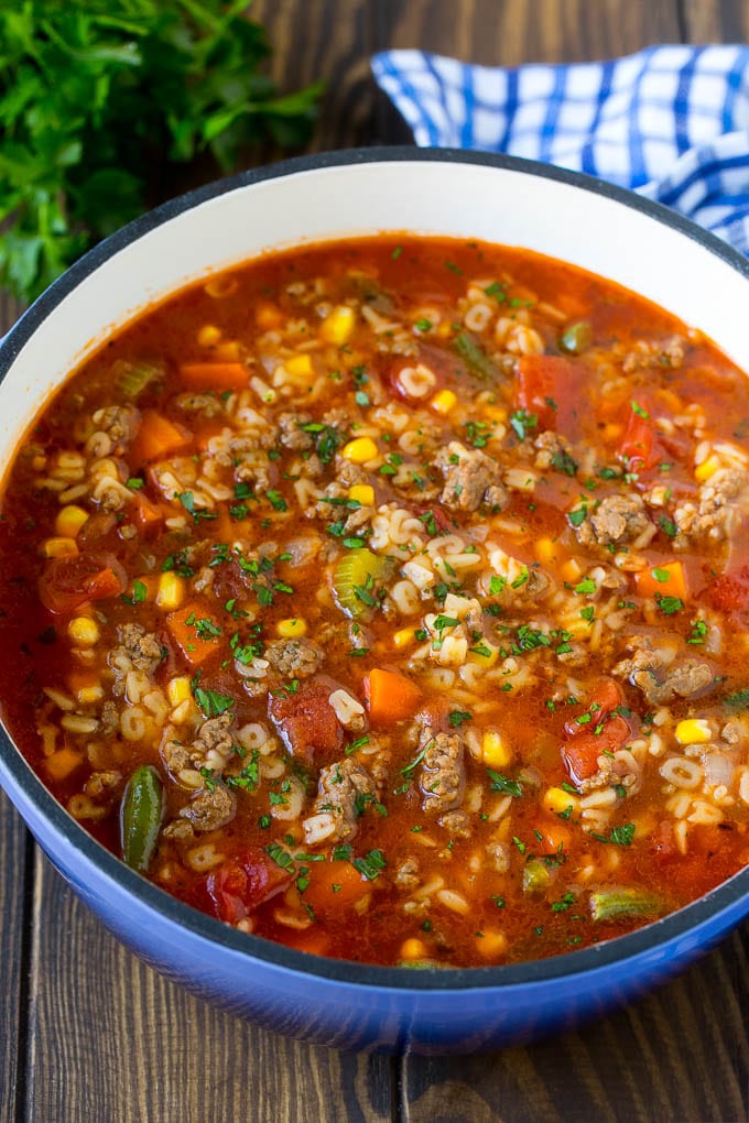 Alphabet Soup Recipe | Hamburger Soup | Beef and Vegetable Soup #soup #hamburger #noodles #dinner #jonep #carrots A pot of alphabet soup with ground beef and vegetables.