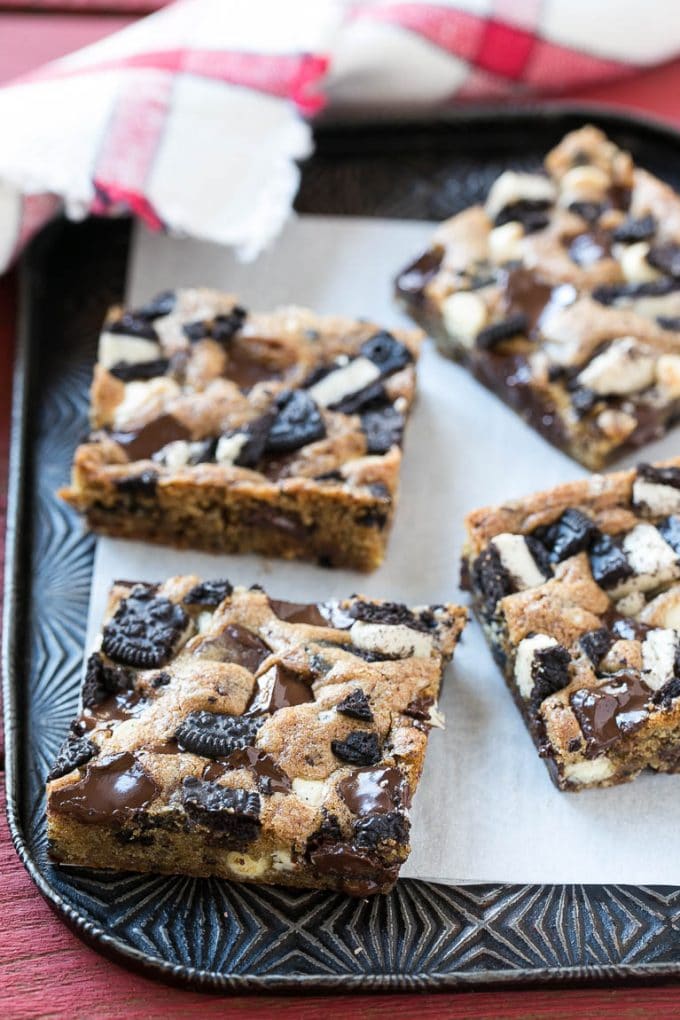 Cookies and Cream Bars Recipe | Oreo Bars | Blondie Recipe #chocolate #oreo #blondies #baking #cookies #jonep Cookies on a sheet pan.