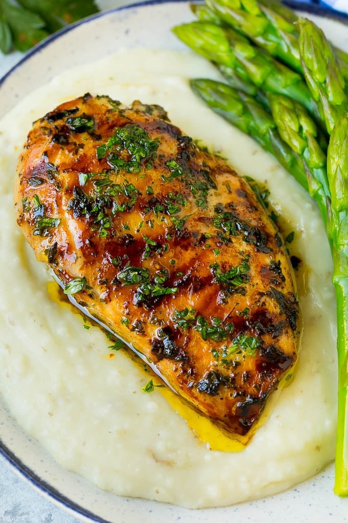 Grilled Chicken Breast Recipe | Marinated Chicken Breast | Chicken Marinade #chicken #grilling #marinade #summer #dinner #jonep Grilled chicken breast served with mashed potatoes and asparagus.