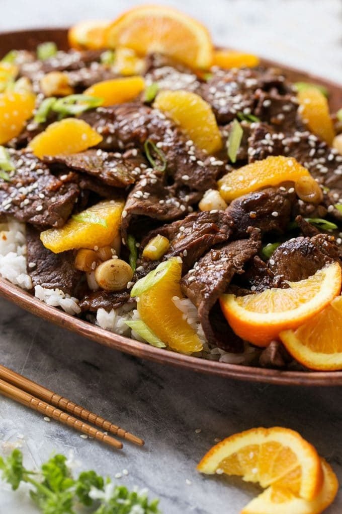 Orange Beef Stir Fry Recipe | 4 Ingredient Orange Beef | Easy Orange Beef #orange #beef #stirfry #asian #dinner #jonep A platter of beef in orange sauce.