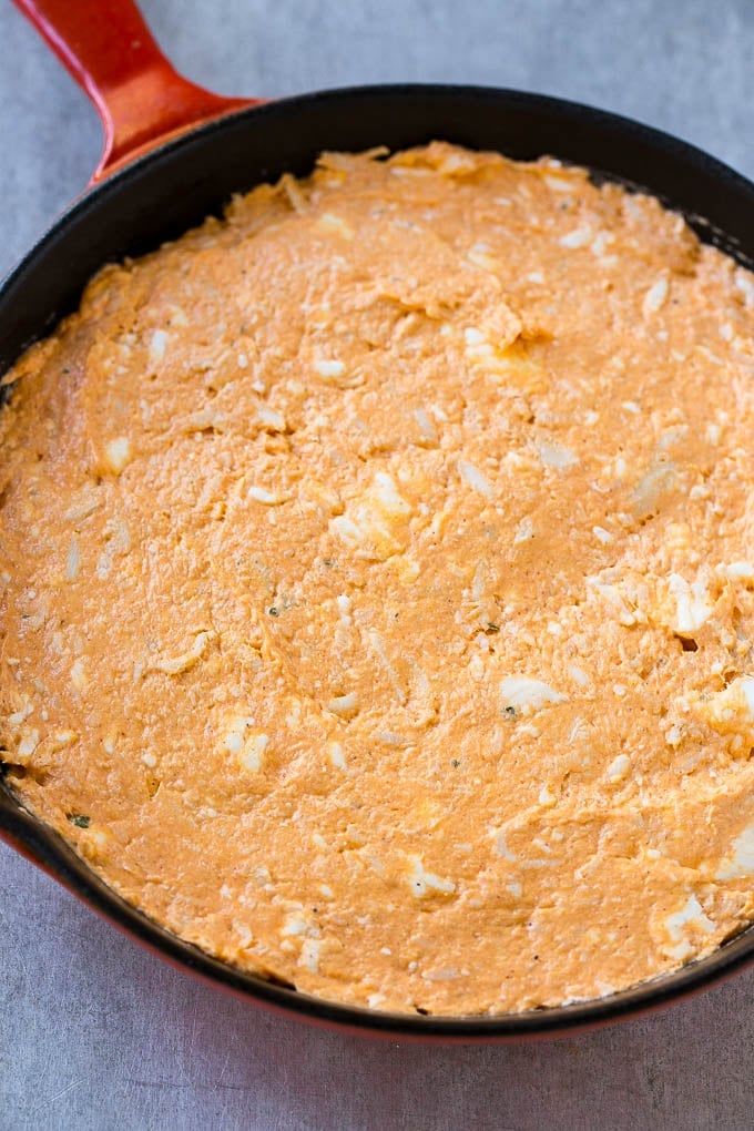 Buffalo Ranch Chicken Dip | Buffalo Chicken Dip | Baked Buffalo Dip | Cheesy Buffalo Dip #buffalowings #buffalochicken #dip #lowcarb #appetizer #jonep The base layer of cream cheese, meat, ranch and hot sauce.