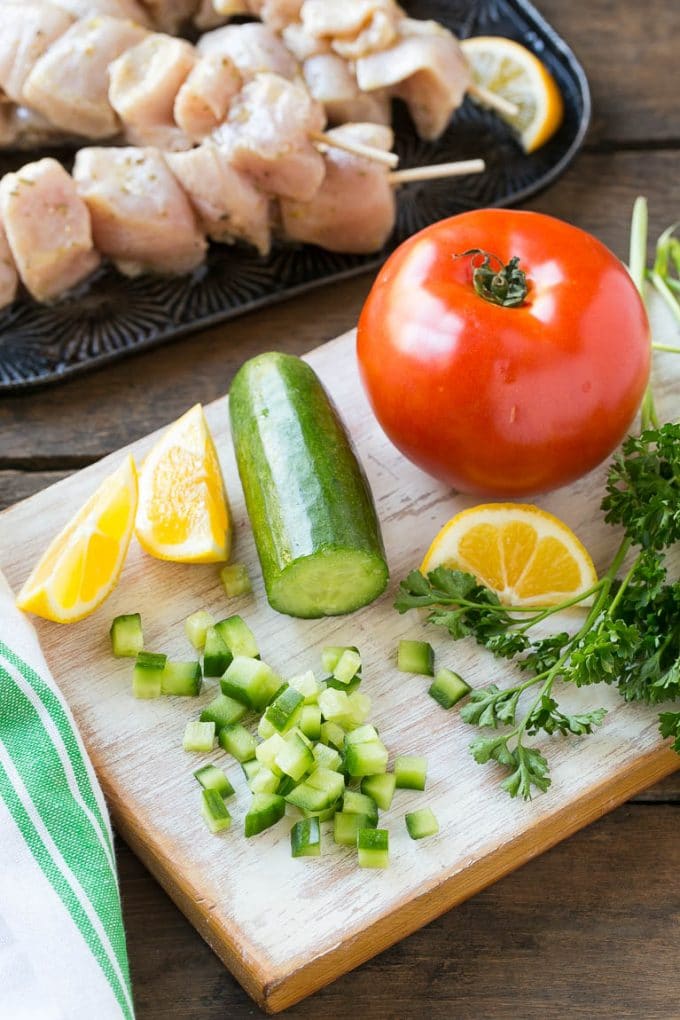Greek Chicken Souvlaki Recipe | Easy Greek Chicken | Chicken Souvlaki | Greek Chicken Skewers | Easy Greek Chicken Skewers #chicken #kabobs #glutenfree #keto #lowcarb #grilling #jonep Ingredients for the cucumber yogurt sauce.