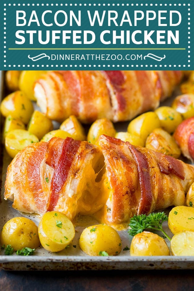 Bacon Wrapped Stuffed Chicken Breast Recipe | Sheet Pan Chicken #chicken #dinner #onepan #bacon #potatoes #jonep