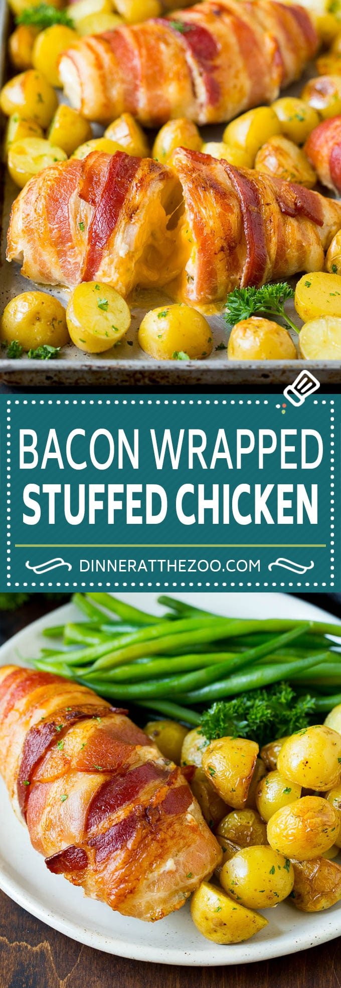 Bacon Wrapped Stuffed Chicken Breast Recipe | Sheet Pan Chicken #chicken #dinner #onepan #bacon #potatoes #jonep