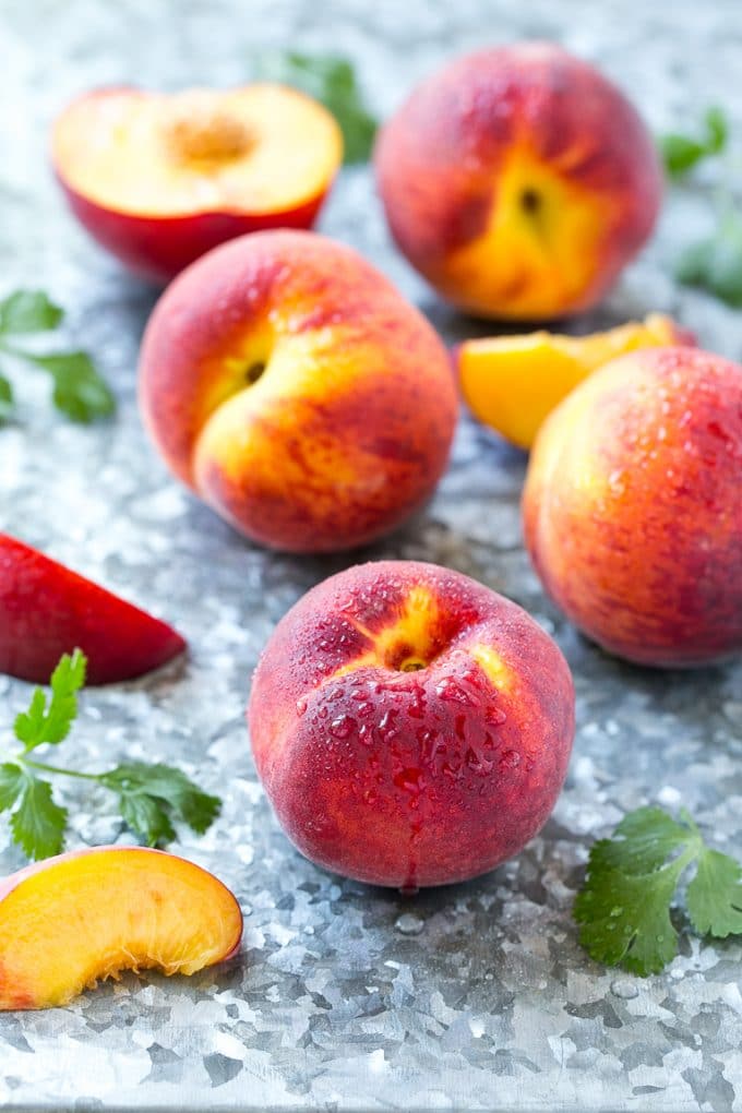 Peach Salsa | Fruit Salsa #peaches #salsa #dip #appetizer #jonep Fresh whole and cut fruit.