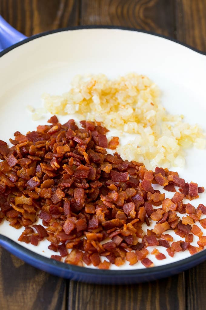 Butternut Squash Pasta Recipe #pasta #squash #bacon #fall #dinner #jonep Bacon, onions and garlic in a skillet.