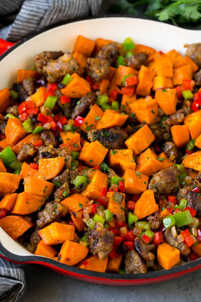 Sweet Potato Hash #sweetpotato #sausage #breakfast #brunch #jonep Hash with sweet potatoes, sausage and vegetables.