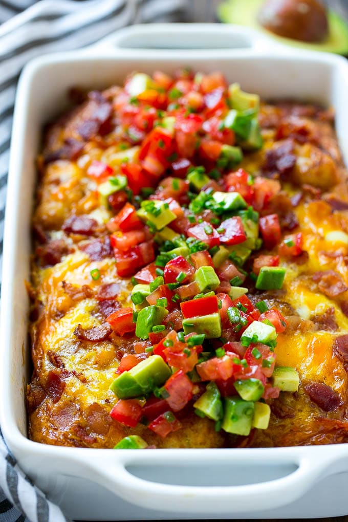 Breakfast Casserole with Bacon Recipe | Bacon and Egg Casserole | Egg Casserole with Bacon | Bacon Breakfast Casserole #eggs #bacon #casserole #breakfast #brunch #jonep A baked egg dish with a topping of vegetables.