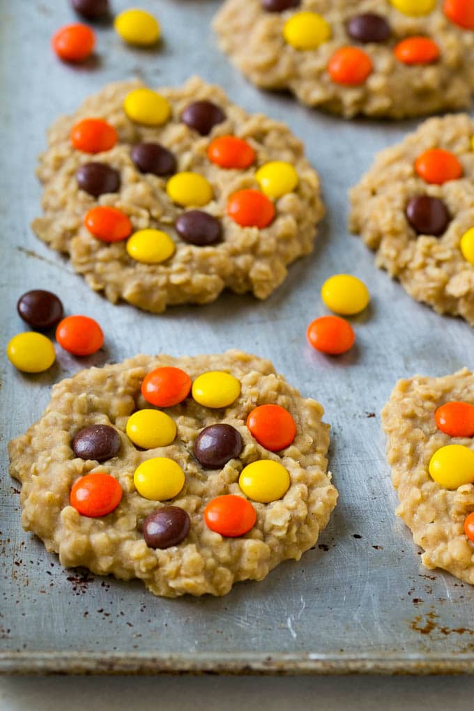 No Bake Peanut Butter Cookies Recipe | No Bake Cookies | Peanut Butter Cookies #peanutbutter #cookies #nobake #nobakecookies #peanutbuttercookies #dessert #jonep A sheet pan with no bake peanut butter cookies on it.