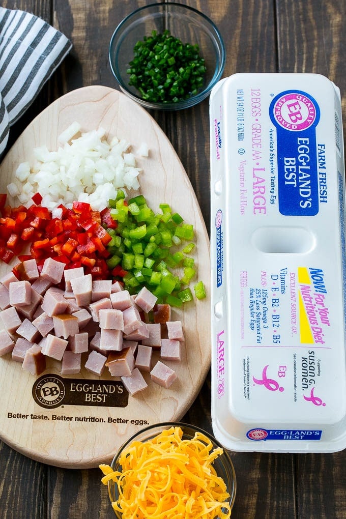 Hash Brown Egg Casserole Recipe | Breakfast Casserole with Ham | Hash Brown Casserole | Ham and Egg Casserole | Egg Casserole with Ham #casserole #breakfast #eggs #egg #hashbrown #jonep Ingredients including eggs, ham, peppers, onions and cheese.
