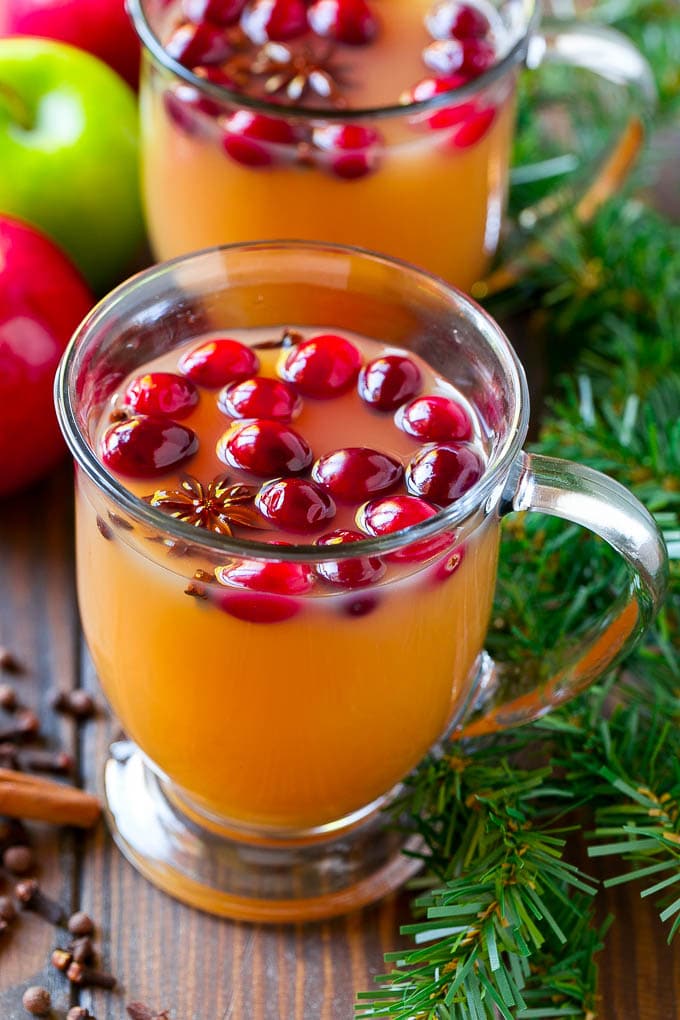 Slow Cooker Apple Cider | Mulled Apple Cider | Crockpot Apple Cider #cider #apple #applecider #drink #crockpot #slowcooker #jonep Mugs of slow cooker apple cider garnished with cranberries.