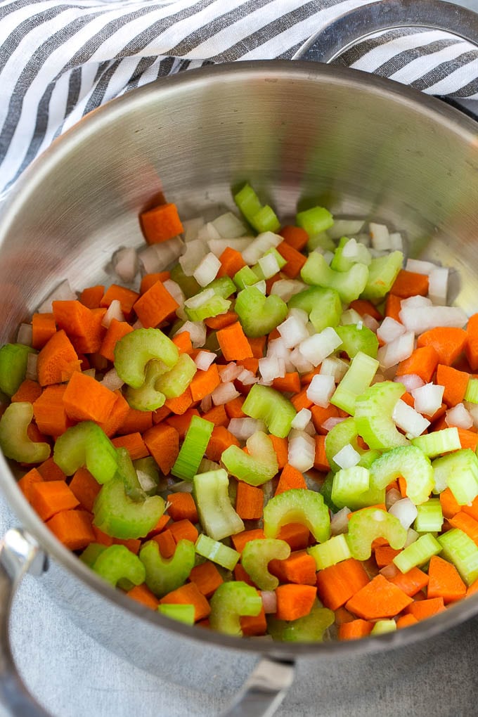 Hamburger Soup Recipe | Hamburger Stew | Ground Beef Soup #hamburger #soup #groundbeef #stew #dinner #jonep A pot with onions, carrots and celery.