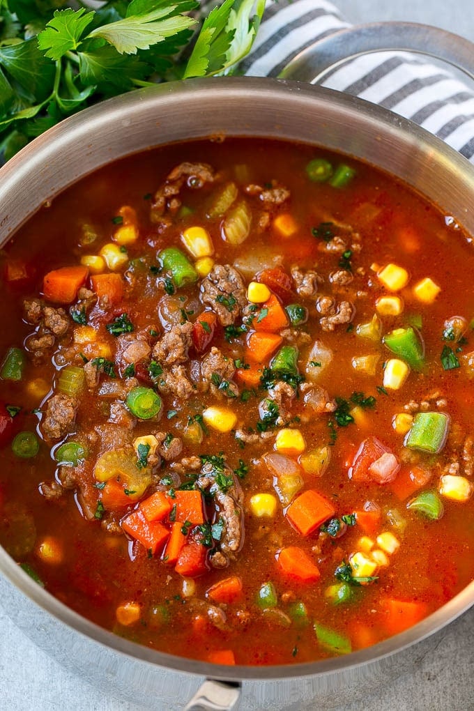 Hamburger Soup Recipe | Hamburger Stew | Ground Beef Soup #hamburger #soup #groundbeef #stew #dinner #jonep A pot of hamburger soup filled with cooked ground beef, veggies and seasonings.