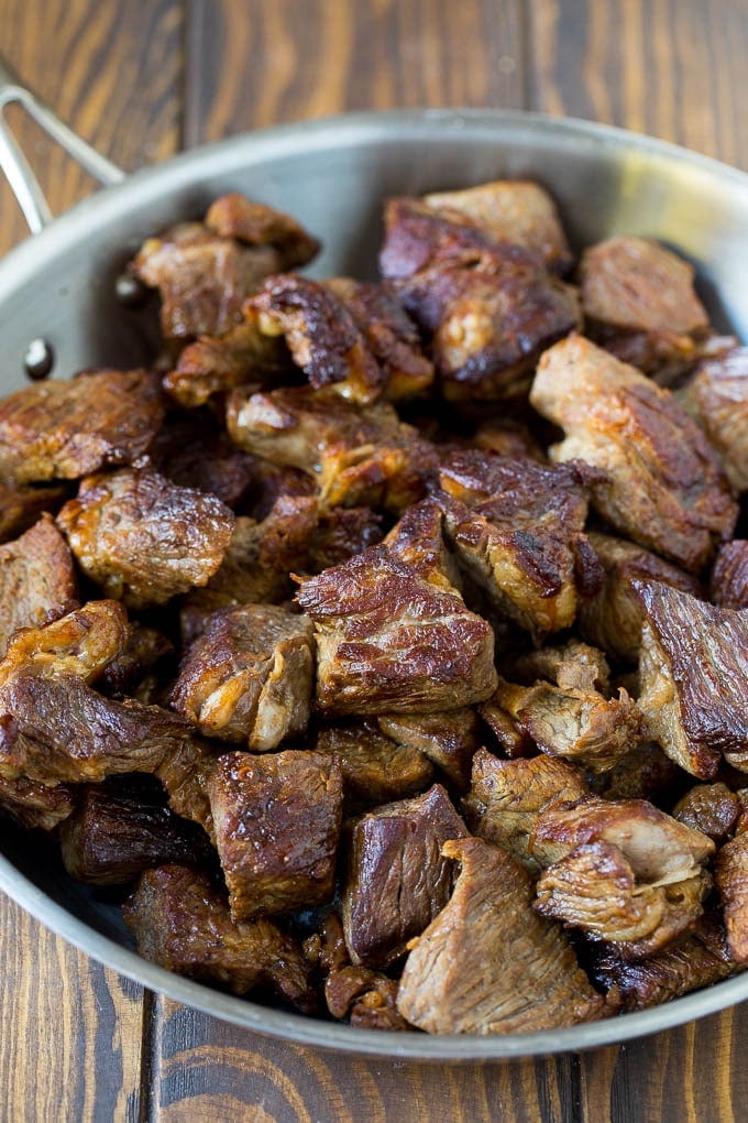 Slow Cooker Beef Stew Recipe | Crockpot Beef Stew #stew #soup #beef #slowcooker #crockpot #dinner #jonep Browned beef in a skillet.