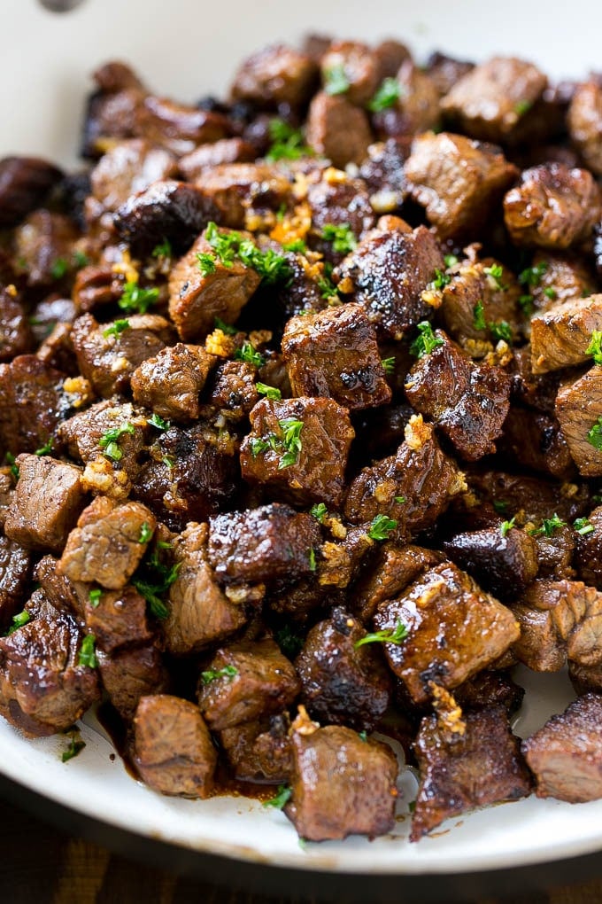 Steak Bites in Garlic Butter Recipe | Garlic Steak | Sirloin Steak Recipe | Steak Appetizer #steak #lowcarb #keto #jonep #dinner Bites of sirloin steak in a garlic sauce.