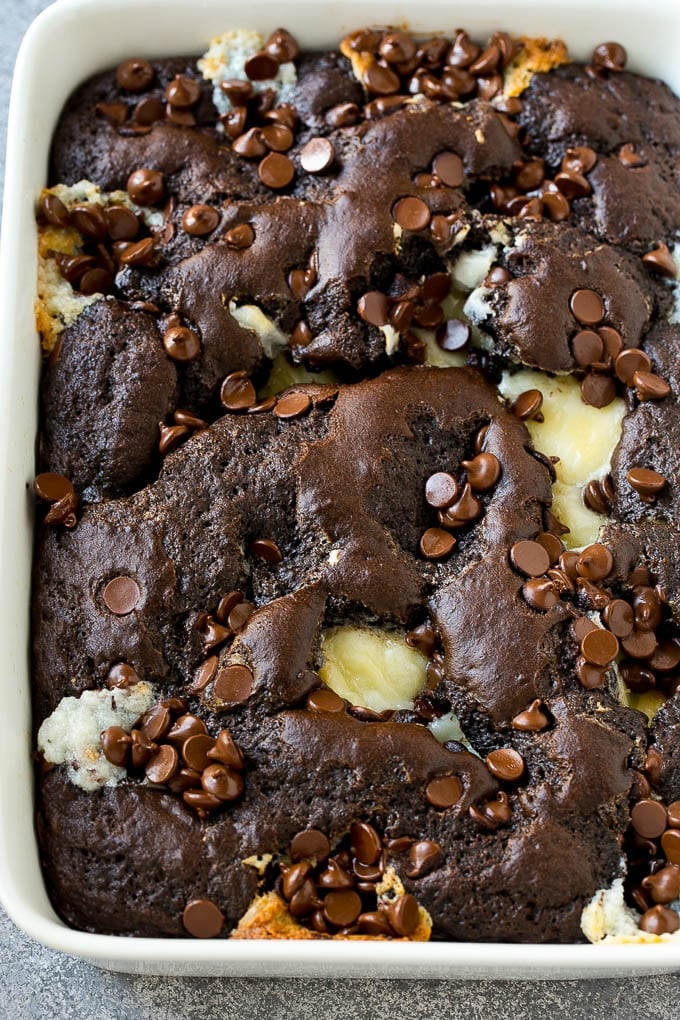 Earthquake Cake Recipe | Chocolate Cake Recipe | Chocolate Coconut Cake | Coconut Pecan Cake #cake #chocolate #coconut #pecans #dessert #chocolatecake #jonep An overhead shot of chocolate cream cheese cake.