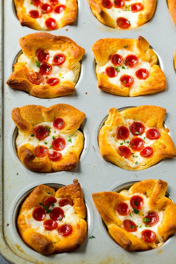 Pizza Muffins Recipe | Pizza Bites | Pizza Cups | Pizza Appetizer #pizza #appetizer #jonep Savory pizza muffins in a muffin tin.
