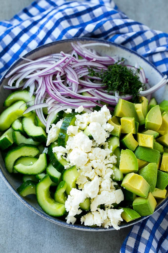Cucumber Feta Salad Recipe | Cucumber Salad | Feta Cheese Salad | Summer Salad #salad #cucumber #jonep Salad ingredients in a bowl.