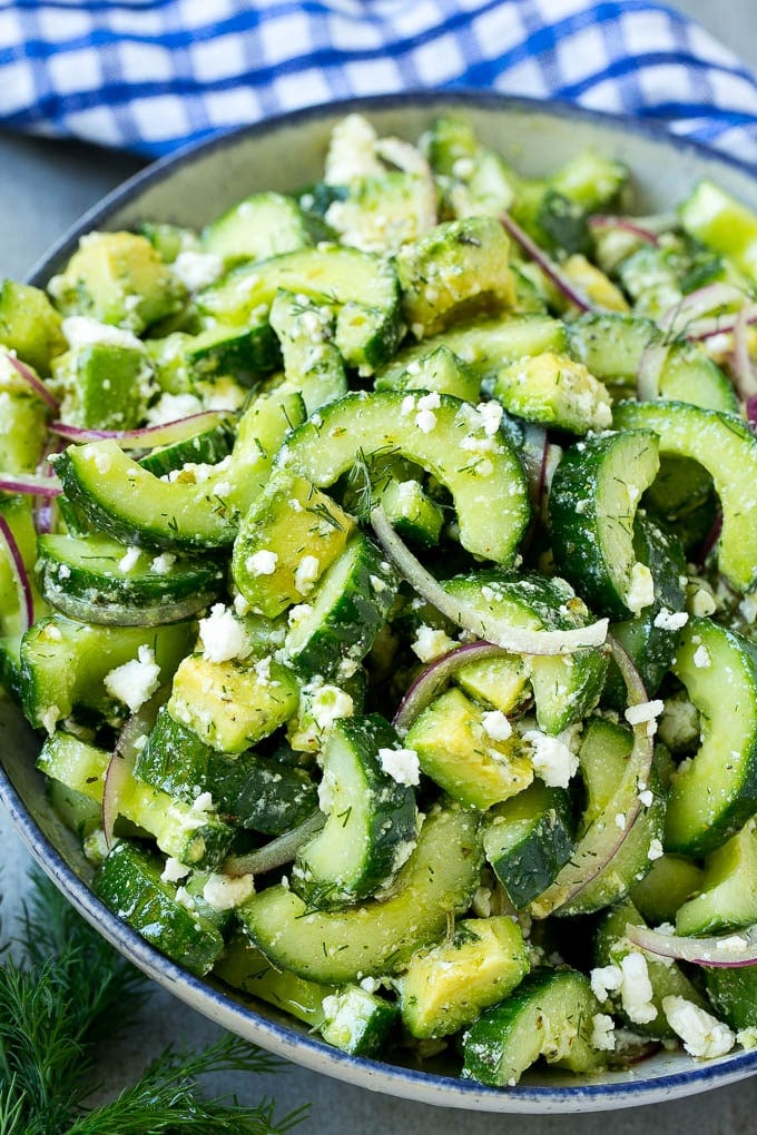 Cucumber Feta Salad Recipe | Cucumber Salad | Feta Cheese Salad | Summer Salad #salad #cucumber #jonep Cucumber feta salad with avocado, dill and red onions, all tossed in a Greek style dressing.