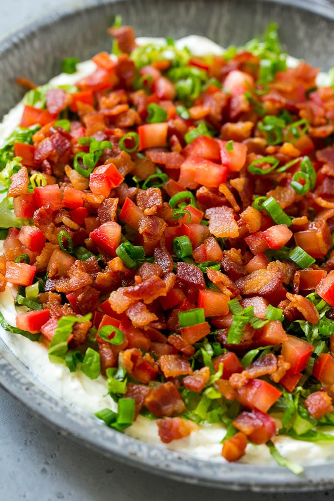 BLT Dip Recipe | Bacon Dip Recipe | Ranch Dip #dip #ranch #bacon #lettuce #tomato #appetizer #jonep BLT dip with a creamy ranch base, lettuce, tomatoes and bacon.