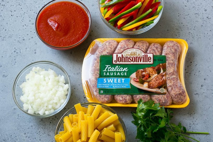 Sausage and Pepper Pasta Recipe | Italian Sausage Recipe | Sausage and Peppers | Easy Pasta #pasta #sausage #peppers #dinner #jonep Ingredients like pork, tomato sauce onion and rigatoni.