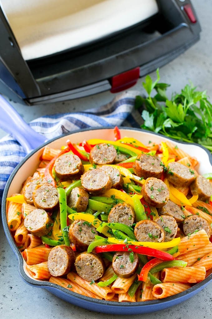 Sausage and Pepper Pasta Recipe | Italian Sausage Recipe | Sausage and Peppers | Easy Pasta #pasta #sausage #peppers #dinner #jonep Finished pasta in a skillet.