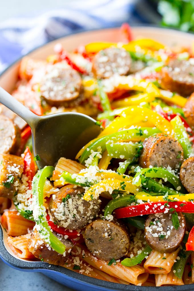 Sausage and Pepper Pasta Recipe | Italian Sausage Recipe | Sausage and Peppers | Easy Pasta #pasta #sausage #peppers #dinner #jonep Sausage and pepper pasta with Italian sausage, topped with parmesan cheese.