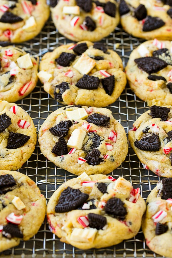 Oreo Peppermint Cookies Recipe | Candy Cane Cookies | Oreo Cookies #oreo #peppermint #cookies #baking #Christmas #sweets #jonep Oreo peppermint cookies on a cooling rack.