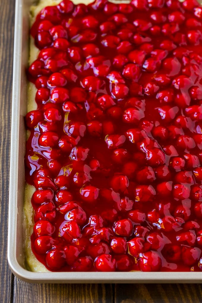 Cherry Bars Recipe | Cherry Pie Bars | Cherry Cookies | Bar Cookies #cookies #bars #cherry #baking #dessert #sweets #jonep Filling spread over a cookie crust.