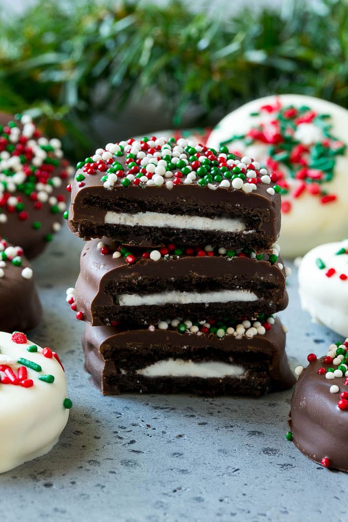 Chocolate Covered Oreos Recipe | Oreo Cookies | Chocolate Dipped Oreos #oreo #cookies #chocolate #sprinkles #dessert #jonep A stack of chocolate covered Oreos.