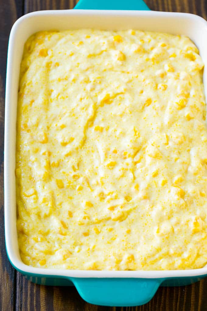 Corn Pudding Recipe | Corn Casserole | Corn Side Dish #corn #pudding #casserole #sidedish #thanksgiving #dinner #jonep Batter spread into a baking dish.