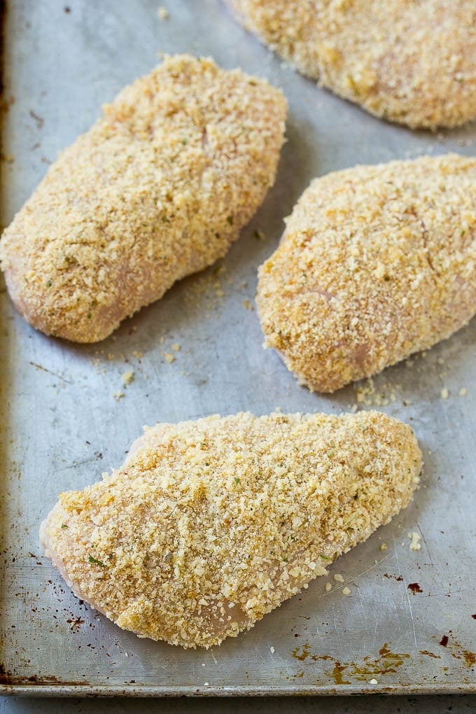 Italian Chicken Recipe | Sheet Pan Chicken | Baked Chicken #chicken #potatoes #dinner #jonep Breaded chicken breasts on a sheet pan.