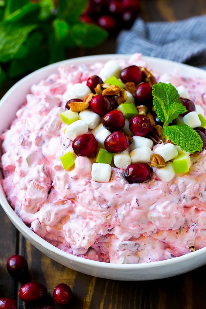 Cranberry Salad Recipe | Fluff Salad #cranberry #salad #fall #dinner #jonep #thanksgiving Cranberry salad garnished with cranberries, marshmallows, pecans and apples.