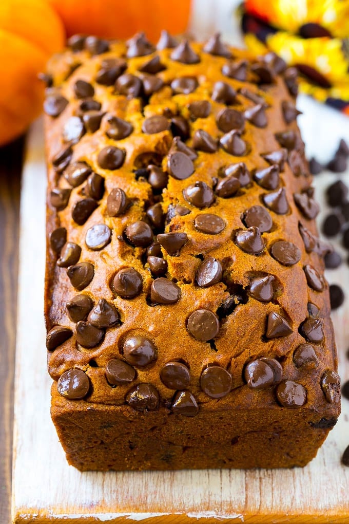 Pumpkin Chocolate Chip Bread Recipe | Pumpkin Bread | Chocolate Pumpkin Bread #pumpkin #bread #fall #chocolate #baking #dessert #jonep A loaf of pumpkin chocolate chip bread.