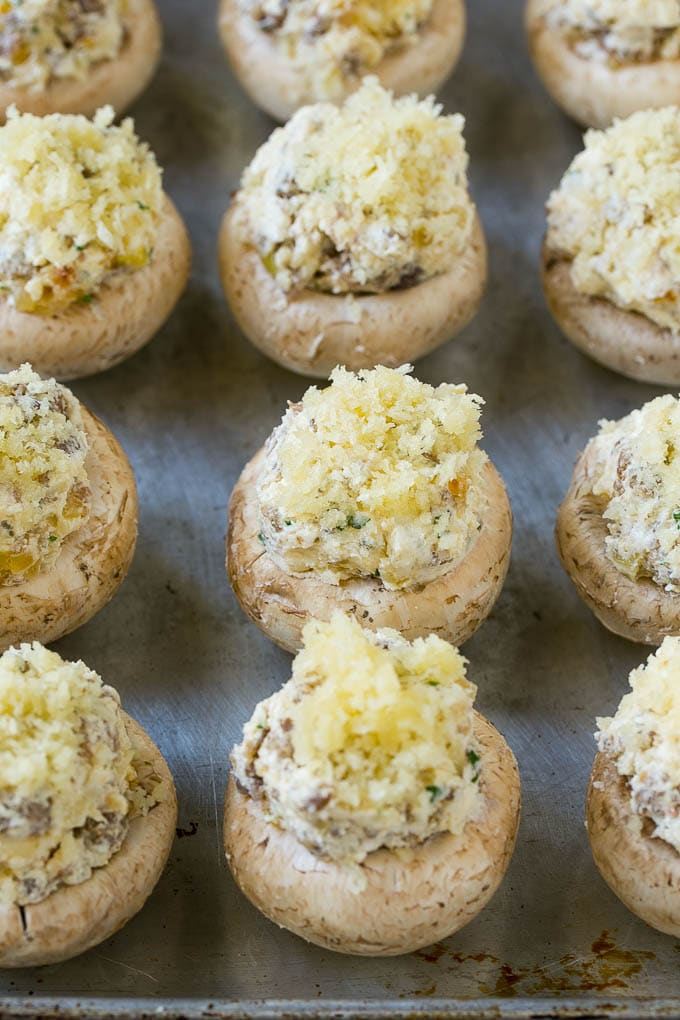 Sausage Stuffed Mushrooms Recipe | Stuffed Mushrooms | Mushroom Appetizer #mushrooms #sausage #appetizer #lowcarb #keto #jonep Raw sausage stuffed mushrooms ready to go into the oven.