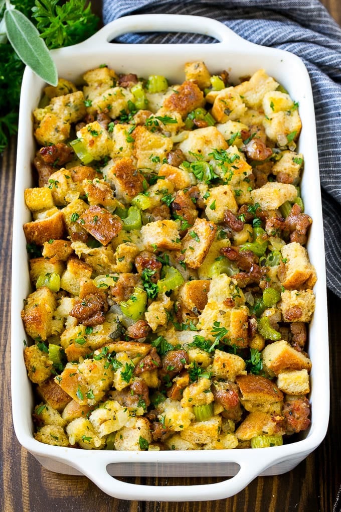 Sausage Stuffing Recipe | Thanksgiving Stuffing | Make Ahead Stuffing #stuffing #thanksgiving #sausage #sidedish #dinner #jonep A baking dish of sausage stuffing made with Italian sausage, bread cubes and vegetables.