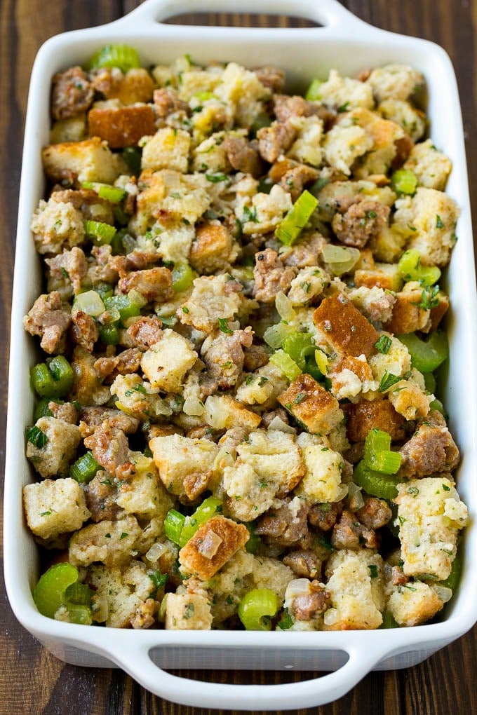 Sausage Stuffing Recipe | Thanksgiving Stuffing | Make Ahead Stuffing #stuffing #thanksgiving #sausage #sidedish #dinner #jonep The ingredients for stuffing assembled in a pan and ready to go into the oven.