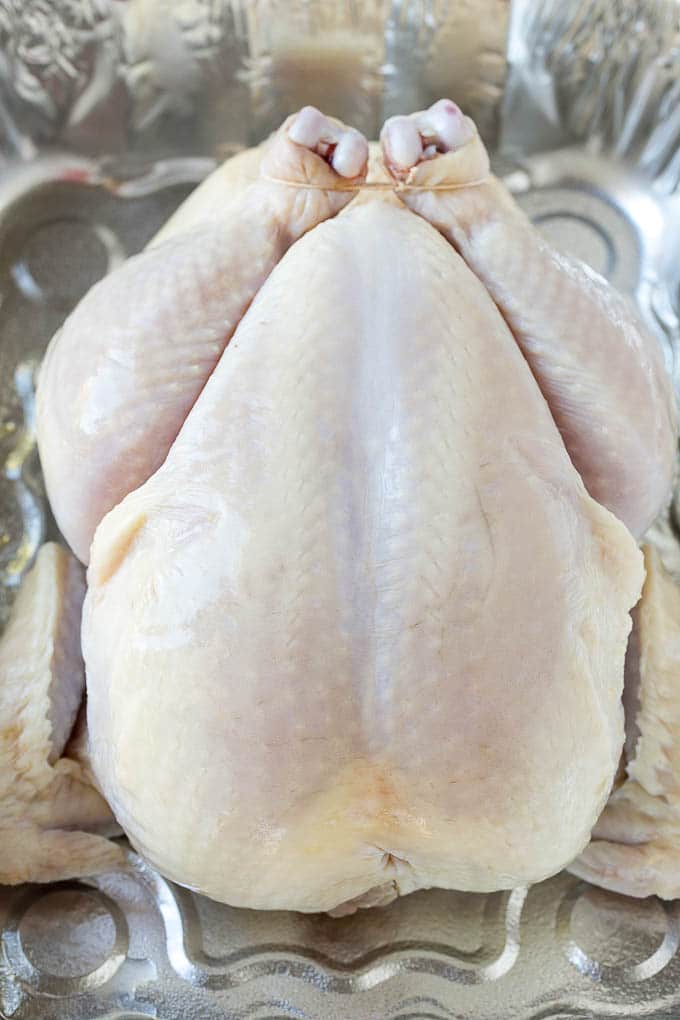 Smoked Chicken Recipe | Whole Smoked Chicken | BBQ Chicken #chicken #smoker #BBQ #dinner #jonep #glutenfree #lowcarb Raw poultry in a roasting pan.