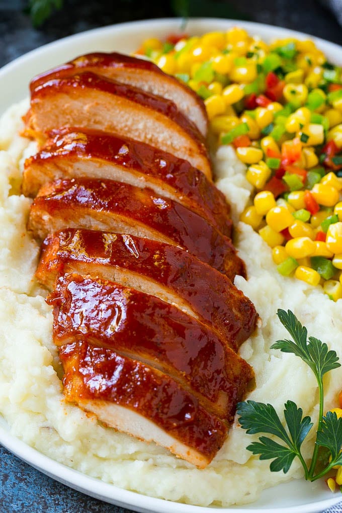 Smoked Chicken Breast Recipe | BBQ Chicken | Smoked Chicken #bbq #chicken #smoker #dinner #glutenfree #jonep Sliced smoked chicken breast over mashed potatoes and corn.