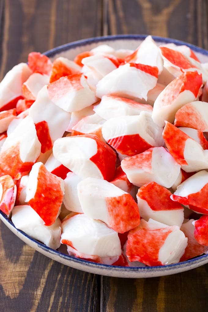 Crab Salad Recipe | Seafood Salad | Deli Salad #crab #salad #seafood #lowcarb #keto #lunch #dinner #jonep Imitation crab flakes in a bowl.