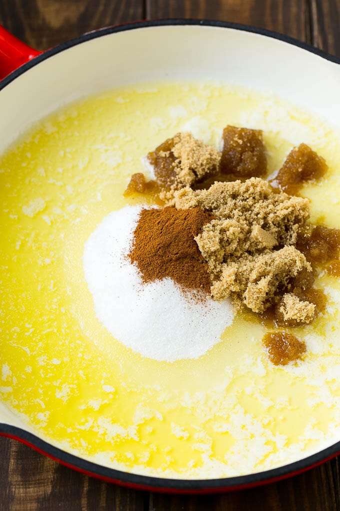 Fried Apples Recipe | Sauteed Apples | Cinnamon Sugar Apples #apples #cinnamon #sugar #sidedish #dessert #jonep #fall Butter, brown sugar, granulated sugar and cinnamon in a pan.