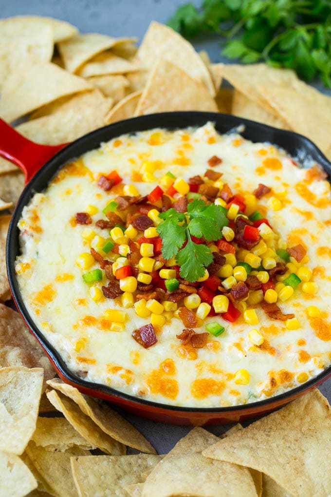 Corn Dip Recipe | Hot Cheese Dip | Bacon Dip #corn #dip #bacon #cheese #appetizer #snack #jonep Hot corn dip made with two types of cheese, corn, peppers and bacon, served with tortilla chips.