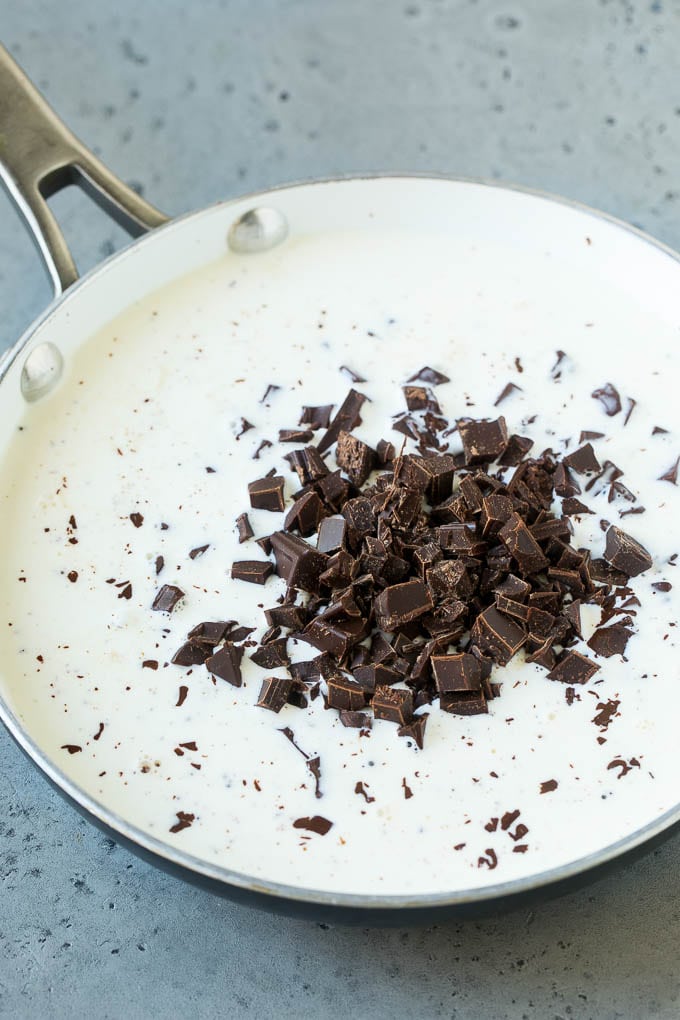 Chocolate Fondue Recipe | Chocolate Sauce | Chocolate Dip #chocolate #dessert #glutenfree #fondue #jonep Chopped semi-sweet chunks and heavy cream in a skillet.