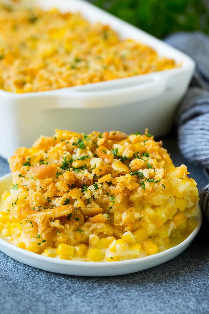 Scalloped Corn | Corn Casserole #corn #casserole #cheese #sidedish #dinner #jonep A serving of scalloped corn topped with buttery cracker crumbs.