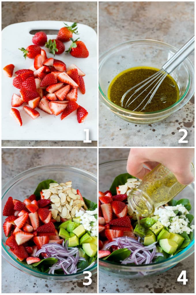 Strawberry Spinach Salad Recipe | Strawberry Salad | Spinach Salad #spinach #salad #strawberries #avocado #jonep A collage showing the steps of how to make spinach salad.
