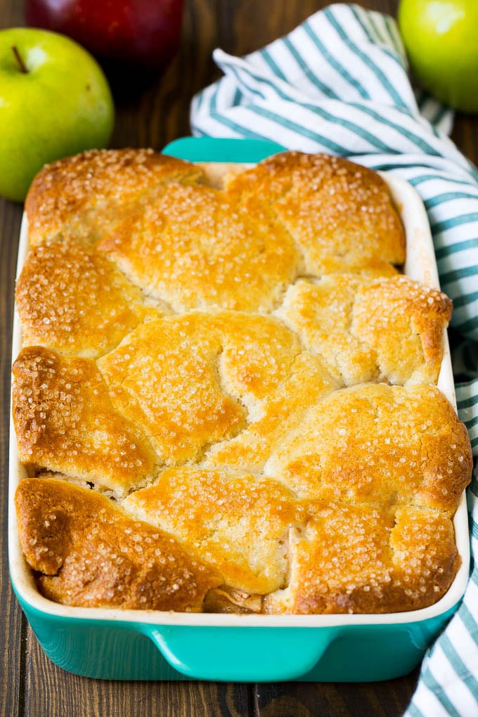 Apple Cobbler Recipe | Apple Dessert #apples #cobbler #dessert #baking #fall #jonep A dish of baked apple dessert topped with sugar.