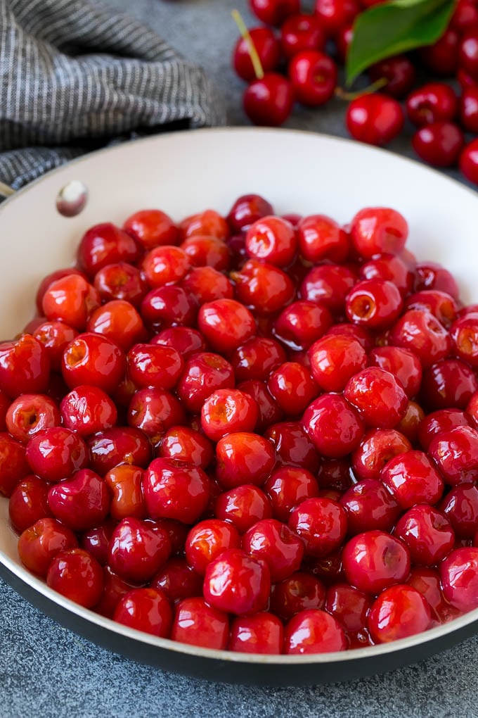 Cherry Pie Filling Recipe #pie #cherries #dessert #sweets #jonep #summer Cooked cherries in a skillet.