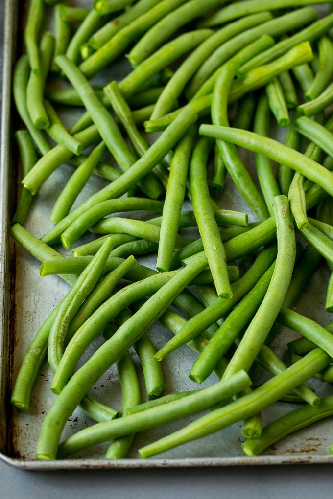 Fried Green Beans Recipe | Green Beans #greenbeans #appetizer #snack #jonep Green beans on a sheet pan.