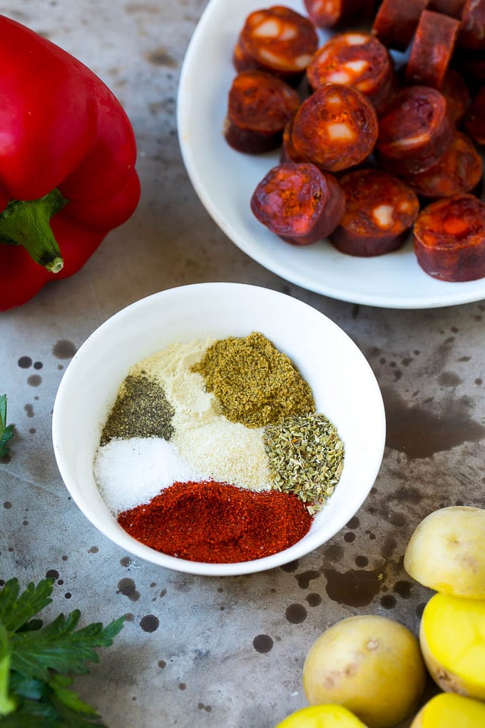 A blend of spices to make a savory rub.